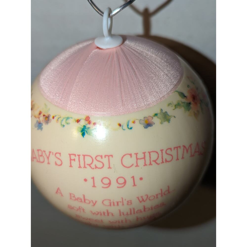 Vintage 1991 Baby's First Christmas Hallmark Satin Ball ornament Girl Box Rare - Picture 8 of 13